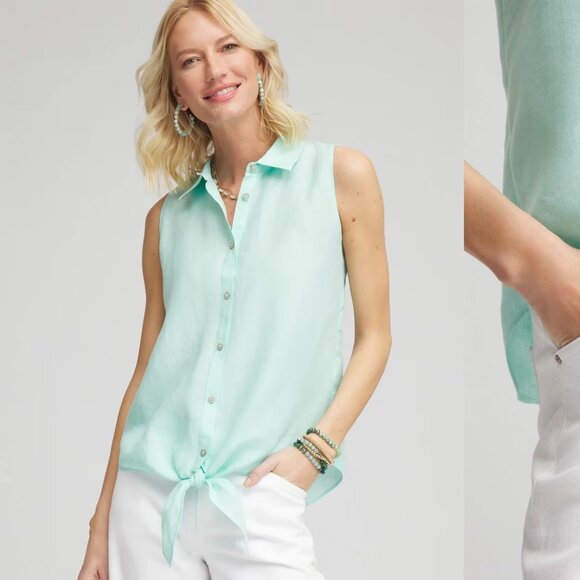 CHICO'S linen tie front sleeveless shirt in TEAL WATERS (2.5/US14) - Picture 1 of 16